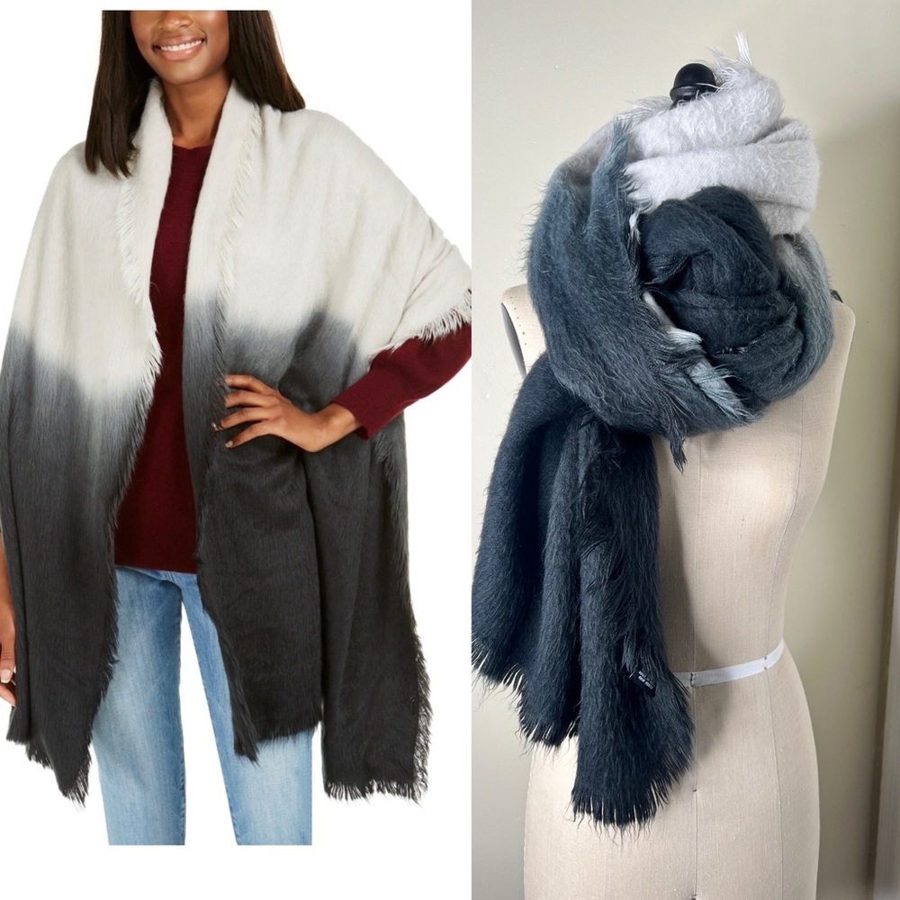 DKNY Ombre Grey Black White Shawl Scarf Oversized furry wrap